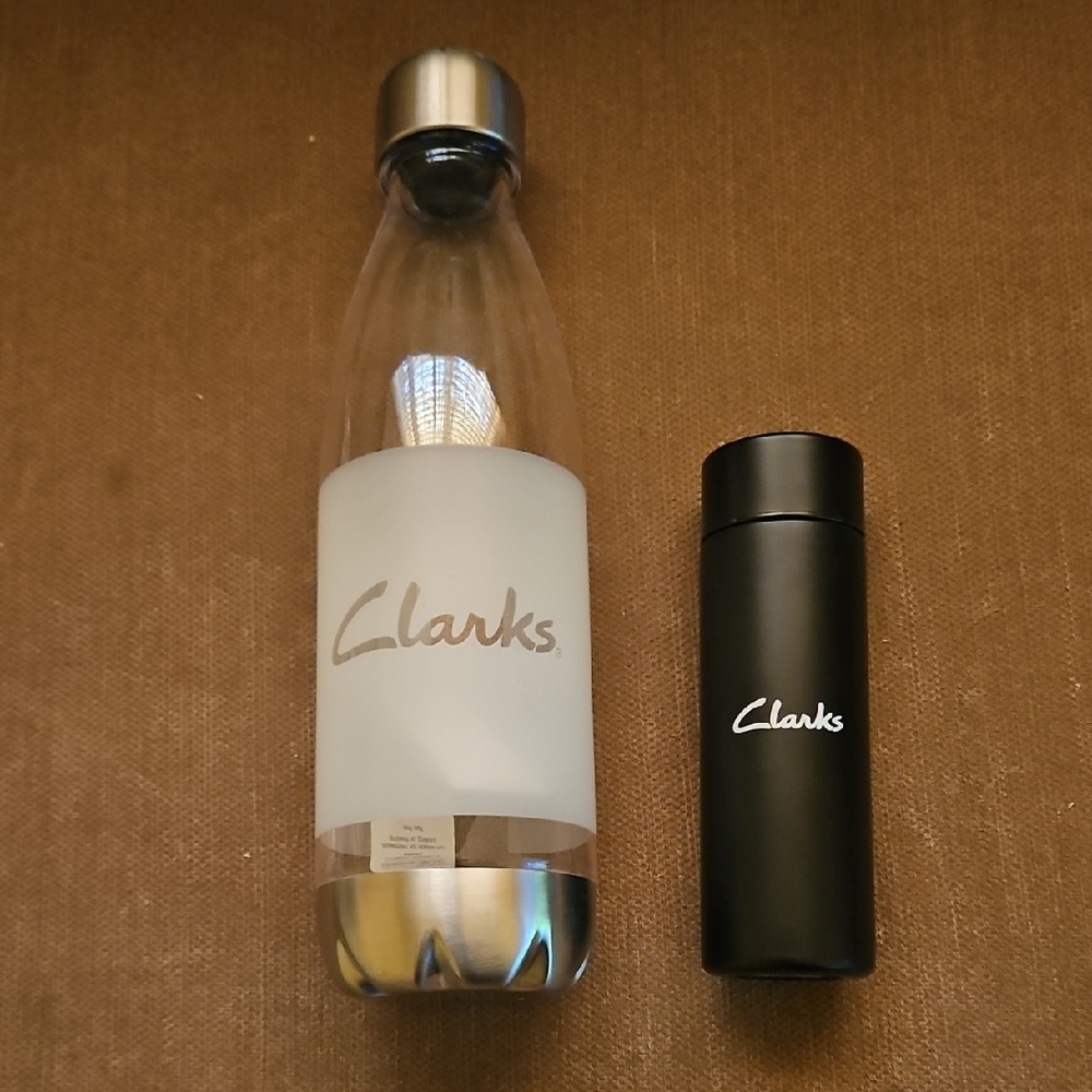 Clarks Frosted White Bottle and Black Tumbler Set